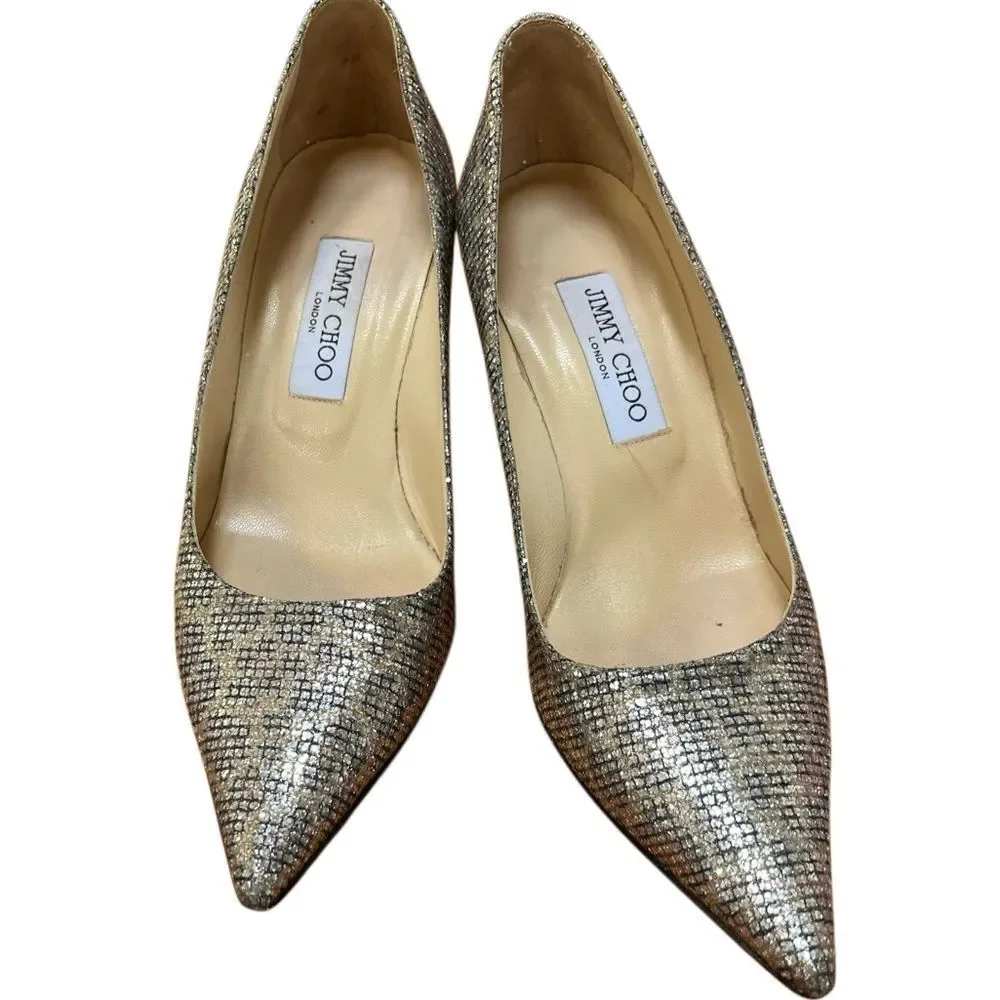Jimmy Choo Leopard Glitter Pointed Toe Gold Heels Pumps Italy Made 39 1/2 9.5
